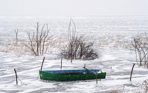 Чун заглавен во замрзнатото Дојранско Езеро , Дојран,