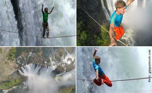 одат на жица над Викториините водопади на реката Замбези,