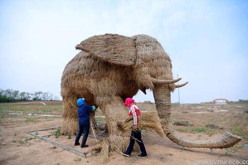 фармери градат скулптура на слон од сено, во Кина
