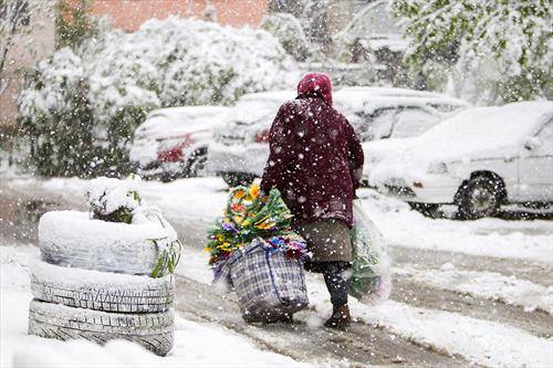 жена носи торби со вештачко цвеќе додека врне снег во центарот на Кишинев, Молдавија