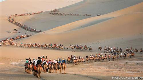 туристи на камила во кинеска пустина